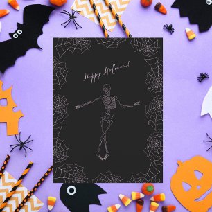 Tarjeta Festiva Feliz Halloween Esqueleto y Telarañas