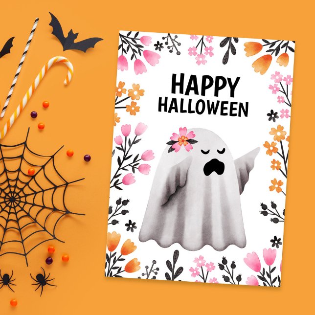 Tarjeta Festiva Feliz Halloween Fantasma con flores pastel (Cute Ghost Halloween Card with Pastel Florals)