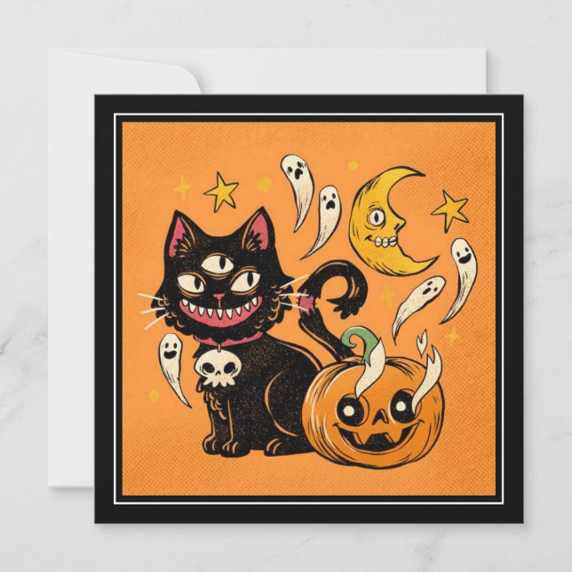 Tarjeta Festiva Feliz Halloween Fantasma Gato Negro Y Calabaza (Anverso)