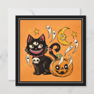 Tarjeta Festiva Feliz Halloween Fantasma Gato Negro Y Calabaza
