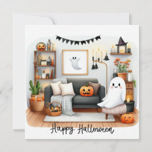 Tarjeta Festiva Feliz Halloween Fantasma Lindo en su Casa 