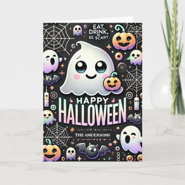 Tarjeta Festiva Feliz Halloween Fantasmal Cute Ghost  (Anverso)