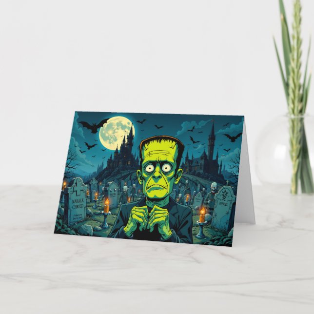 Tarjeta Festiva Feliz Halloween Frankenstein  (Anverso)