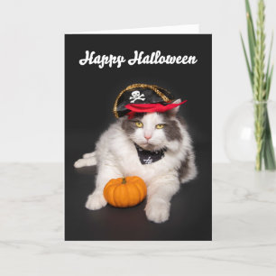 Tarjeta Festiva Feliz Halloween Gato Bonito Disfrazado de Pirata H