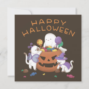 Tarjeta Festiva Feliz Halloween: Gatos y Fantasmas