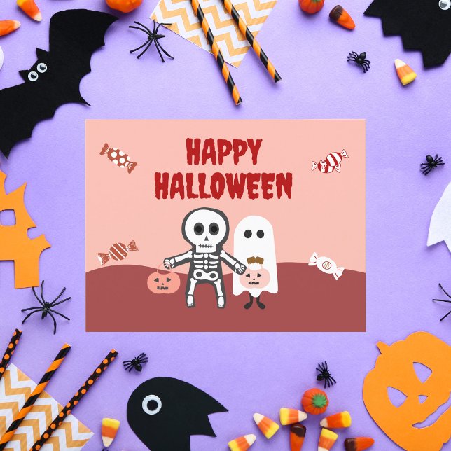 Tarjeta Festiva Feliz Halloween, lindo esqueleto y fantasma con du (Subido por el creador)