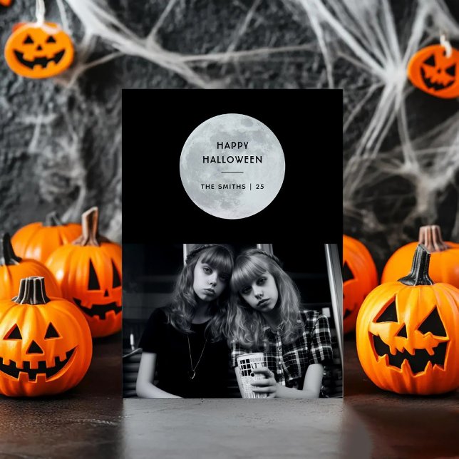 Tarjeta Festiva Feliz Halloween Moon Bats Black & White Personaliz (Subido por el creador)