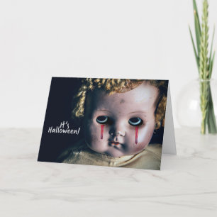 Tarjeta Festiva Feliz Halloween Muñeca Macabra Con Ojos Sangrantes