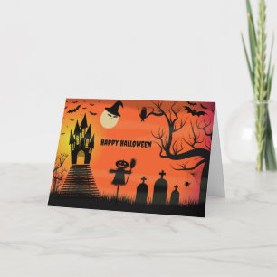 Tarjeta Festiva Feliz Halloween murciélagos y espantapájaros de ca