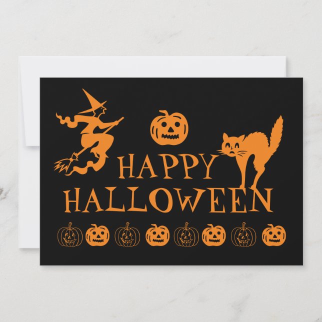 Tarjeta Festiva Feliz Halloween negro naranja espeluznante (Anverso)