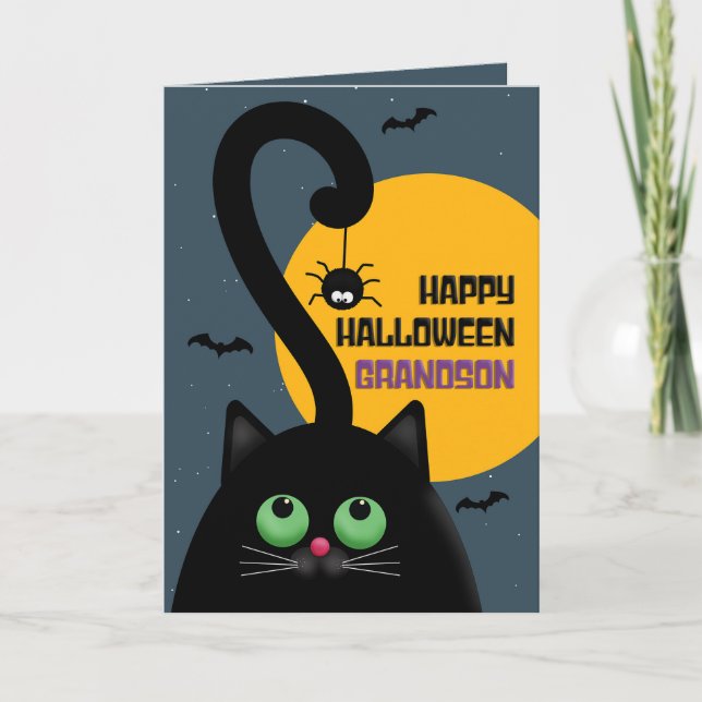 Tarjeta Festiva Feliz Halloween Nieto Gato Negro Con Araña (Anverso)