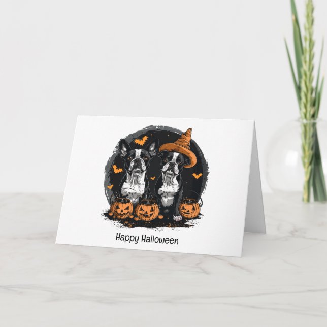 Tarjeta Festiva Feliz Halloween Perros Boston Terrier (Anverso)