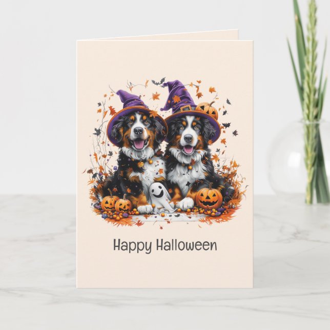Tarjeta Festiva Feliz Halloween Perros de Montaña Berneses (Anverso)