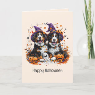 Tarjeta Festiva Feliz Halloween Perros de Montaña Berneses