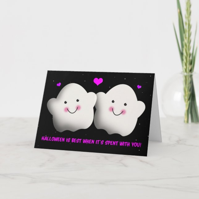 Tarjeta Festiva Feliz Halloween por amor, dulce pareja fantasma (Anverso)