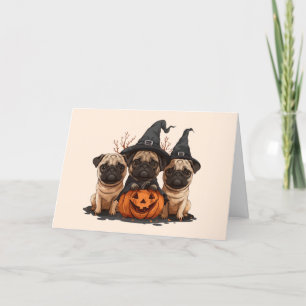 Tarjeta Festiva Feliz Halloween Pug Linternas de Jack