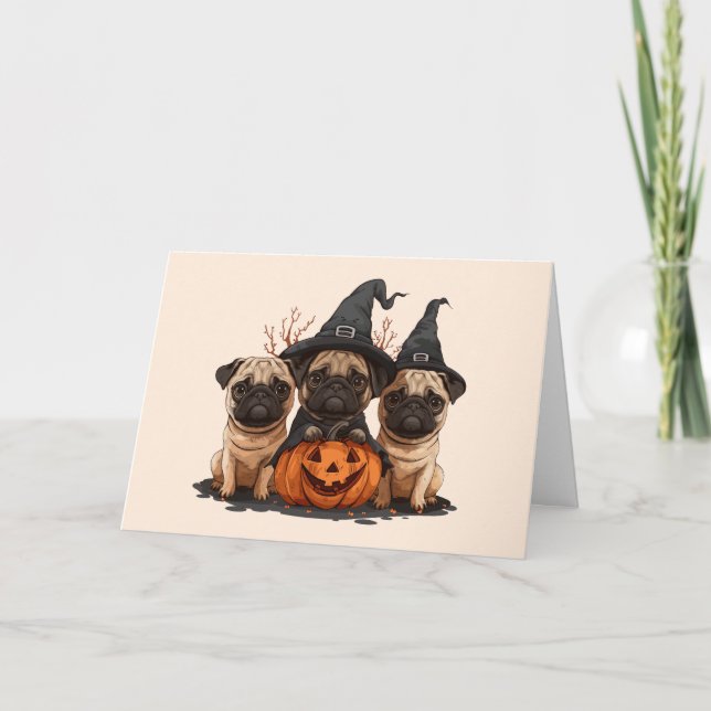 Tarjeta Festiva Feliz Halloween Pugs Jack O Lanterns (Anverso)