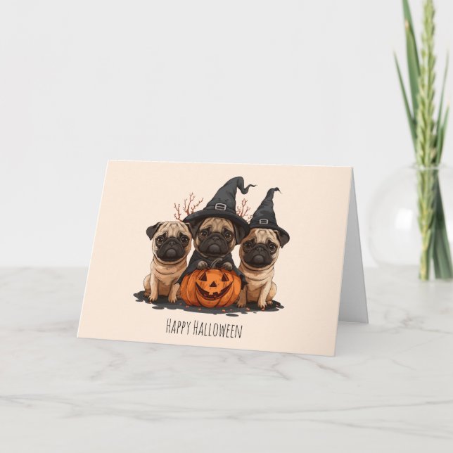Tarjeta Festiva Feliz Halloween Pugs Jack O Lanterns (Anverso)