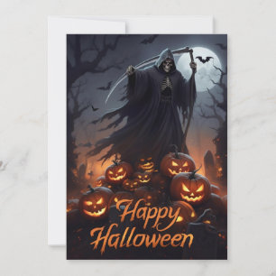 Tarjeta Festiva Feliz Halloween Segador y Calabazas Talladas