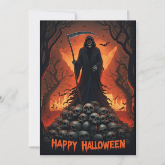 Tarjeta Festiva Feliz Halloween Segador y Calaveras