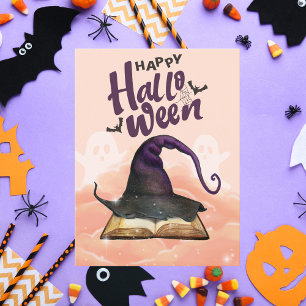Tarjeta Festiva Feliz Halloween Sombrero de Bruja y Libro de Hechi