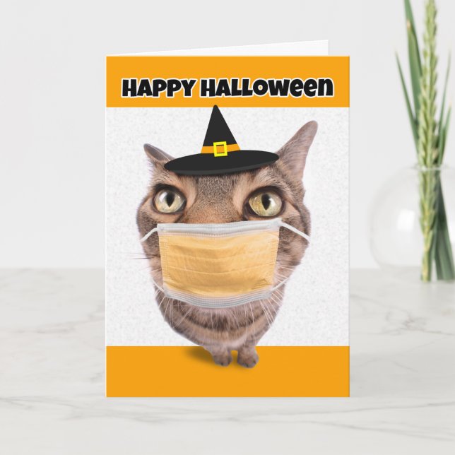 Tarjeta Festiva Feliz Halloween Tabby Cat en la máscara facial de  (Anverso)