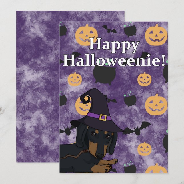 Tarjeta Festiva Feliz Halloweenie Dachshund (Hazel) (Anverso / Reverso)