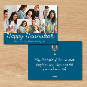 Tarjeta Festiva feliz hannukah , 4 fotos collage azul y blanco