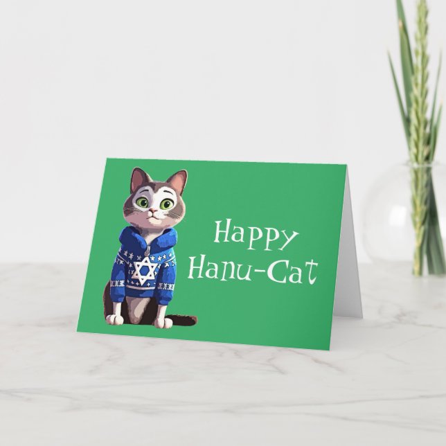 Tarjeta Festiva Feliz Hanu-Cat | Gato en suéter de Hanukkah (Anverso)
