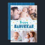 Tarjeta Festiva Feliz Hanukkah 3 Foto Estrella de Oro de la tipogr<br><div class="desc">"Feliz Hanukkah". Una tipografía divertida, divertida y caprichosa, de elaboración artesanal, junto con un patrón al azar de la estrella de David en azul claro y Relieve metalizado de oro falso, todo sobre líneas dibujadas a mano azul acuático claro en un fondo blanco, junto con 3 fotos de tu elección,...</div>