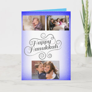 Tarjeta Festiva Feliz Hanukkah 3 fotos Blue White 2 tonos de backg
