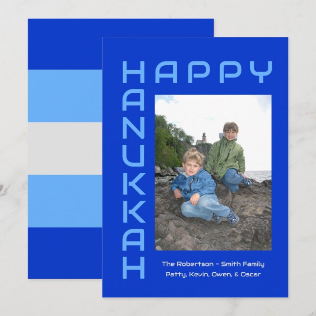 Tarjeta Festiva Feliz Hanukkah azul-gris editable foto navideña (Anverso / Reverso)