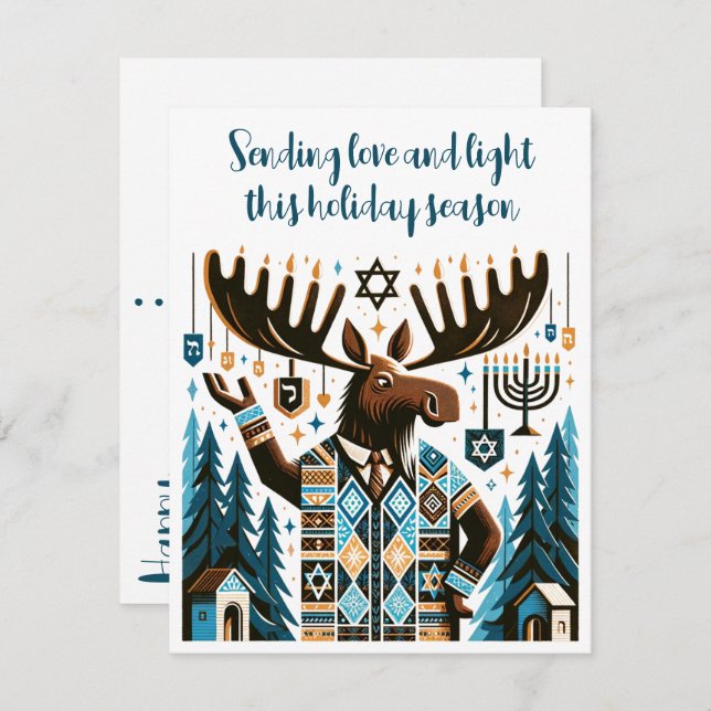 Tarjeta Festiva Feliz Hanukkah (¡Con Un Moose!) (Anverso / Reverso)