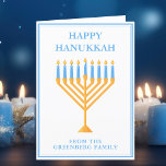 Tarjeta Festiva Feliz Hanukkah Cute Personalizable Menorah<br><div class="desc">Cute personalizado Tarjeta feliz Hanukkah para una familia judía o un fiesta de Chanukah con sinagoga. Personaliza con tu propio apellido o información de grupo en azul bajo la menorah azul bonito.</div>