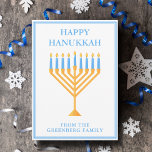 Tarjeta Festiva Feliz Hanukkah Cute Personalizable Menorah<br><div class="desc">Cute personalizado Tarjeta feliz Hanukkah para una familia judía o un fiesta de Chanukah con sinagoga. Personaliza con tu propio apellido o información de grupo en azul bajo la menorah azul bonito.</div>