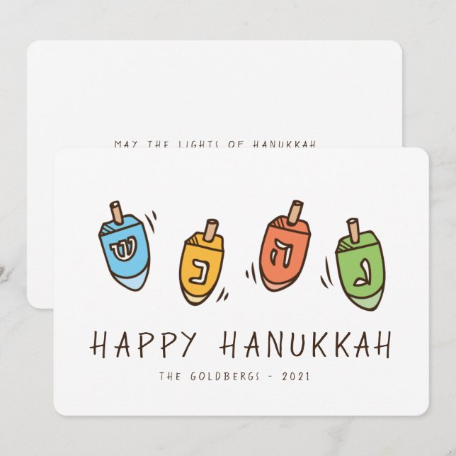 Tarjeta Festiva Feliz Hanukkah Dreidel moderno (Anverso / Reverso)