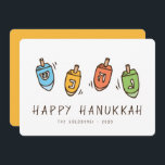 Tarjeta Festiva Feliz Hanukkah Dreidel moderno<br><div class="desc">El diseño está compuesto por el ilustracion superior Dreidel girando. Añade tu nombre,  saludo y año</div>