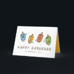 Tarjeta Festiva Feliz Hanukkah Dreidel moderno<br><div class="desc">El diseño está compuesto por el ilustracion superior Dreidel girando. Añade tu nombre,  saludo y año</div>