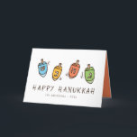 Tarjeta Festiva Feliz Hanukkah Dreidel moderno<br><div class="desc">El diseño está compuesto por el ilustracion superior Dreidel. Agrega tu nombre,  saludo y año</div>