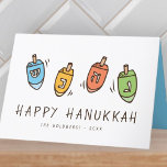 Tarjeta Festiva Feliz Hanukkah Dreidel moderno<br><div class="desc">El diseño está compuesto por el ilustracion superior Dreidel girando. Añade tu nombre,  saludo y año</div>