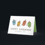 Tarjeta Festiva Feliz Hanukkah Dreidel moderno<br><div class="desc">El diseño está compuesto por el ilustracion superior Dreidel girando. Añade tu nombre,  saludo y año</div>