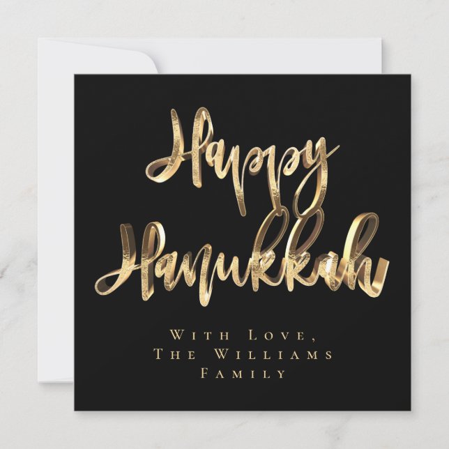 Tarjeta Festiva Feliz Hanukkah Elegant Black and Gold Look Script (Anverso)