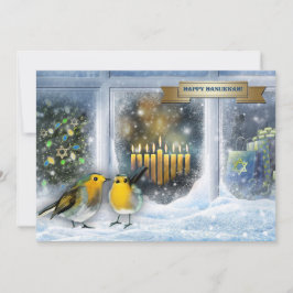 Tarjeta Festiva Feliz Hanukkah. Escena de la ventana de nieve con 