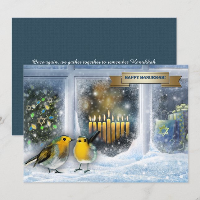 Tarjeta Festiva Feliz Hanukkah. Escena de la ventana de nieve con  (Anverso / Reverso)