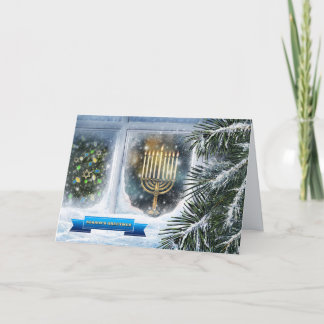 Tarjeta Festiva Feliz Hanukkah. Escena de la ventana de nieve con