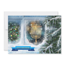 Feliz Hanukkah. Escena de la ventana de nieve con 
