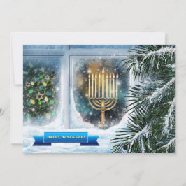 Tarjeta Festiva Feliz Hanukkah. Escena de la ventana de nieve con 
