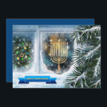 Tarjeta Festiva Feliz Hanukkah. Escena de la ventana de nieve con<br><div class="desc">Feliz Hanukkah. Escena de la Ventana de Nieve con Menorah pintando tarjetas de felicitación planas Hanukkah. Tarjetas y regalos coincidentes disponibles en la categoría Festividades Judías / Hanukkah de nuestra tienda.</div>