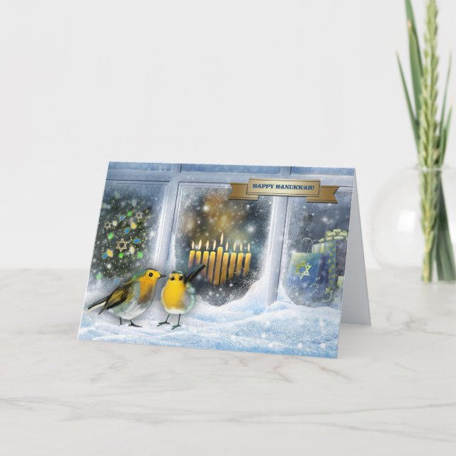 Tarjeta Festiva Feliz Hanukkah. Escena de la ventana de nieve con  (Anverso)
