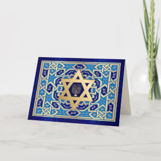 Tarjeta Festiva Feliz Hanukkah. Estrella de David y Menorah